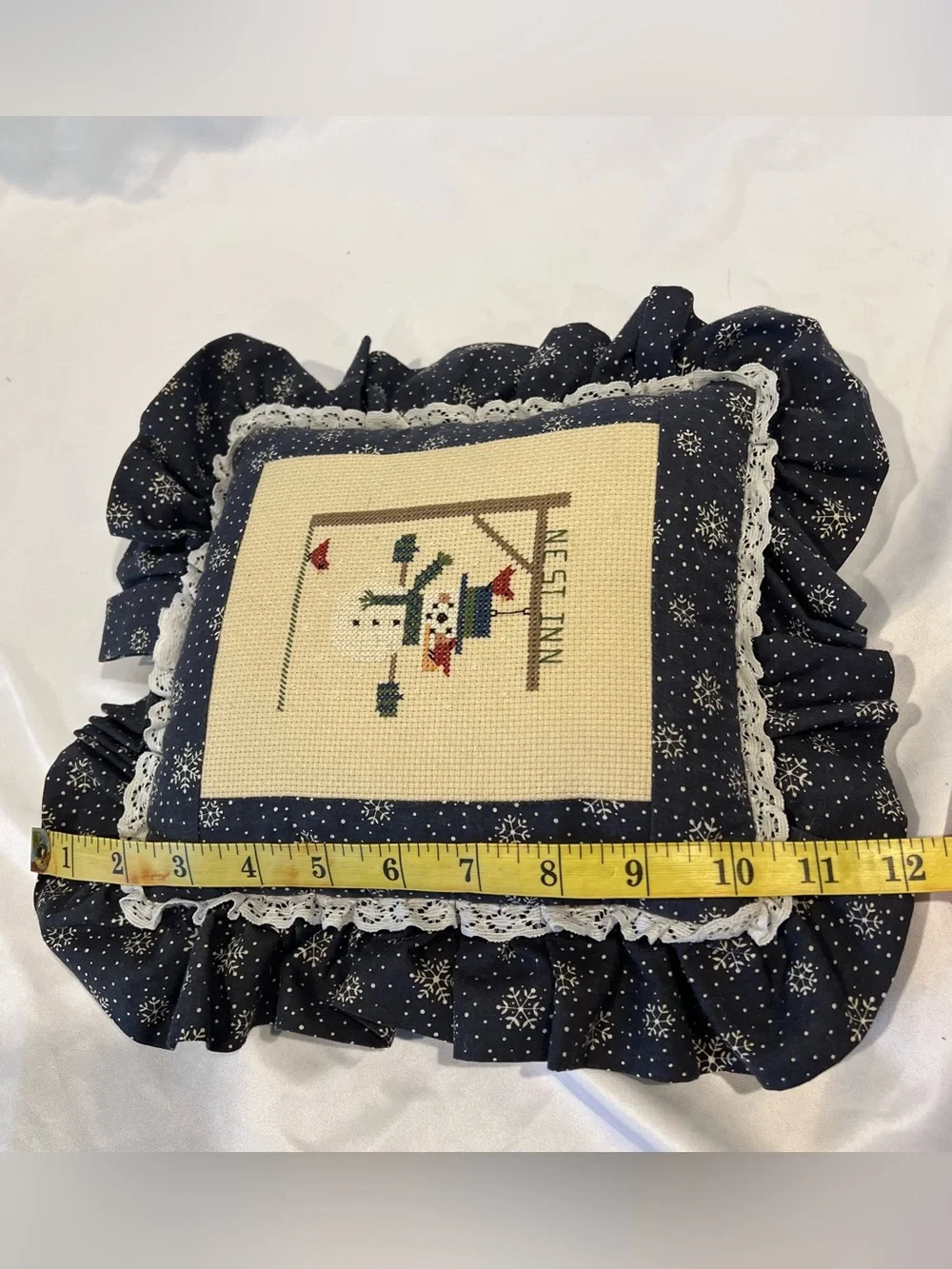 Handmade Christmas Snowman Cross Stitch Pillow Country Primitive Decor